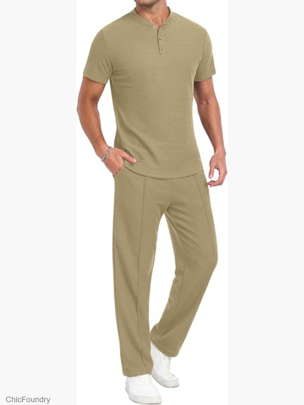 Men's Waffle Knit Henley Shirt & Jogger Pants 2 Piece Outfit Set